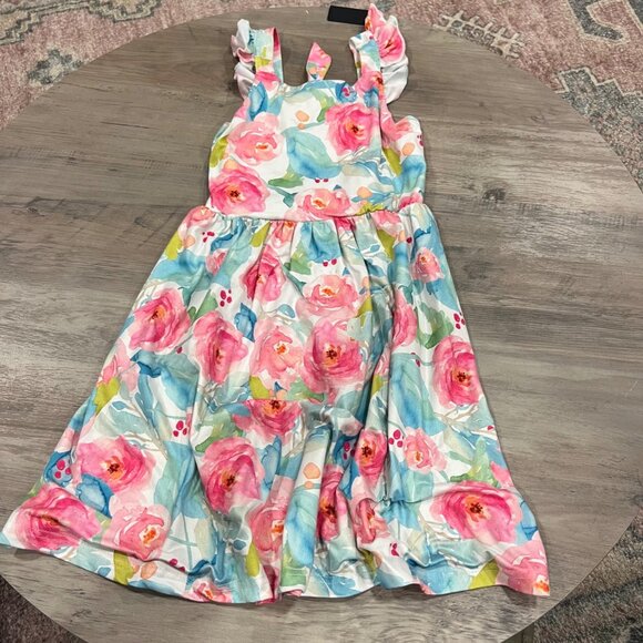 None Other - Floral Girls Sleeveless Dress With Ruffle Straps & Watercolor Print Size 100 Pol